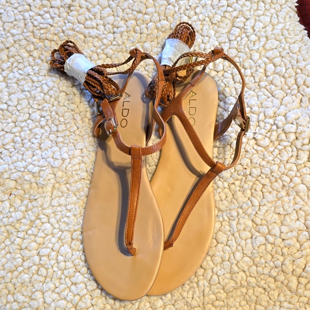ALDO Braided Ankle Wrap Flat Sandals, Brown, Womens Size 8
